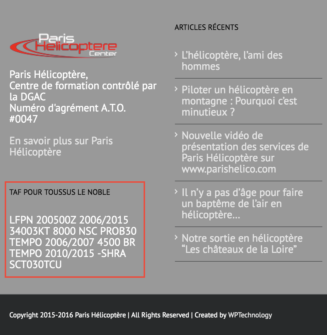 Screenshot of WP-TAF-METAR-Widget placed on an helicopter training website in France
