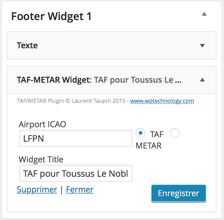 Screenshot of WP-TAF-METAR-Widget configuration from the widgets backstage page