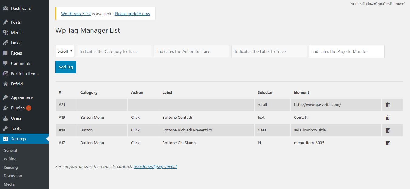 The WP Tag Manager Event panel in the Settings panel