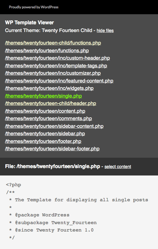 File menu in the footer with part of the content of single.php.
