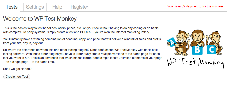 Welcome screen for WP Test Monkey