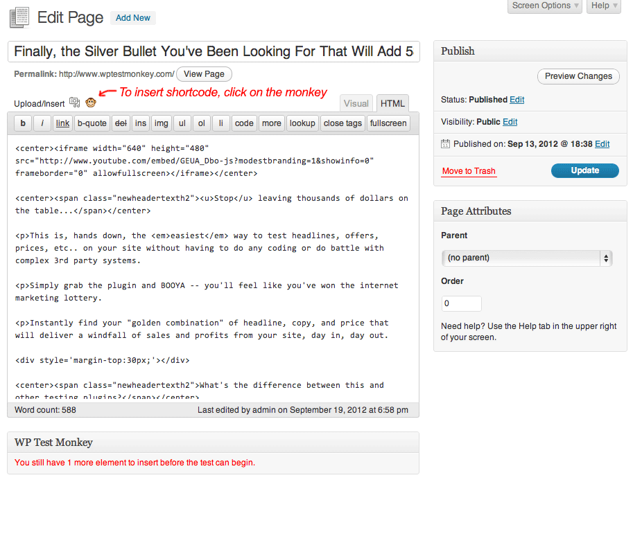 The page we're about to put the shortcode onto