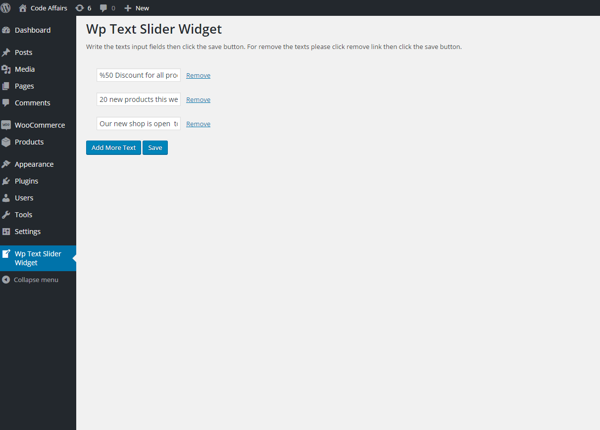 The Text Slider Widget backend page. Write and save the texts here.