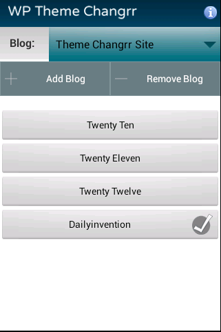 This is the main page of WP Theme Changrr application, this is where you can switch themes or select different blogs.