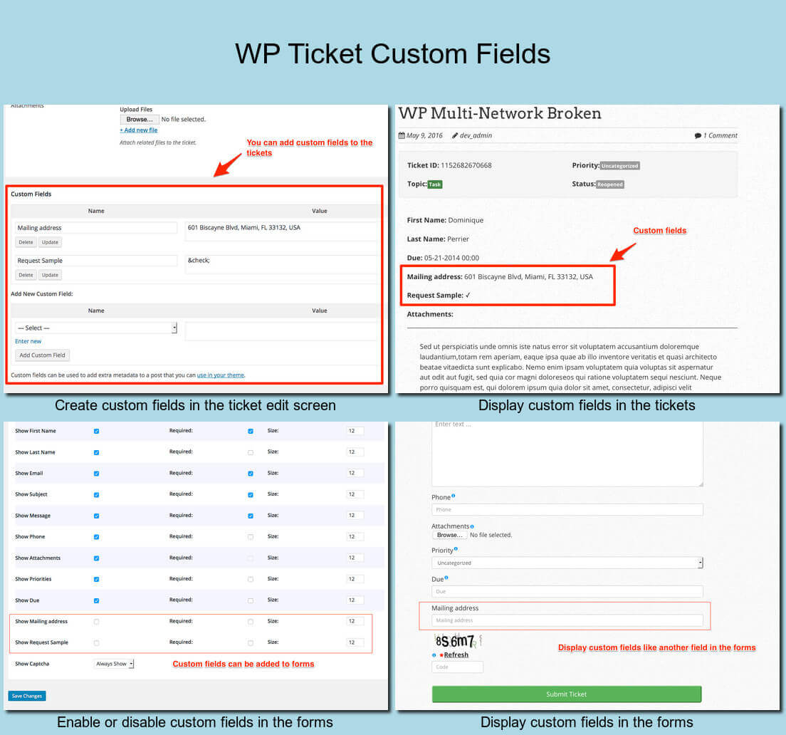 WP Ticket Pro dashboard with statistics and charts in admin area; Advanced filtering, responsive frontend/backend and more