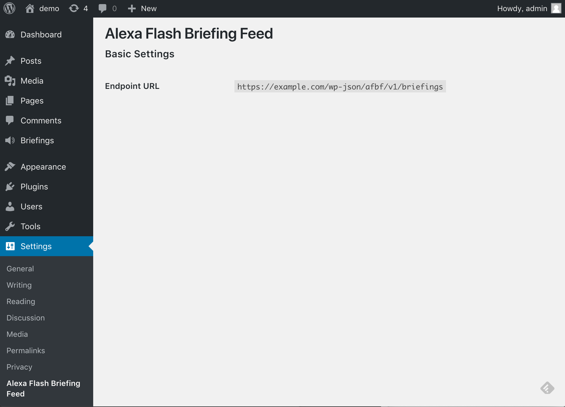 Provide endpoint URL for registering Alexa flash briefing skill.