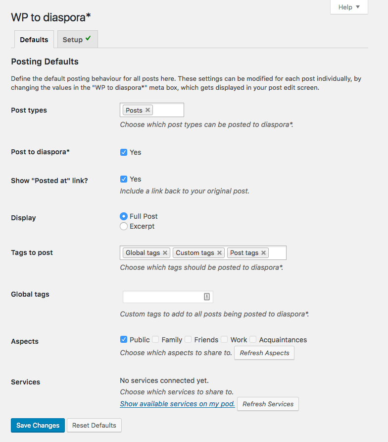 Default settings setup page