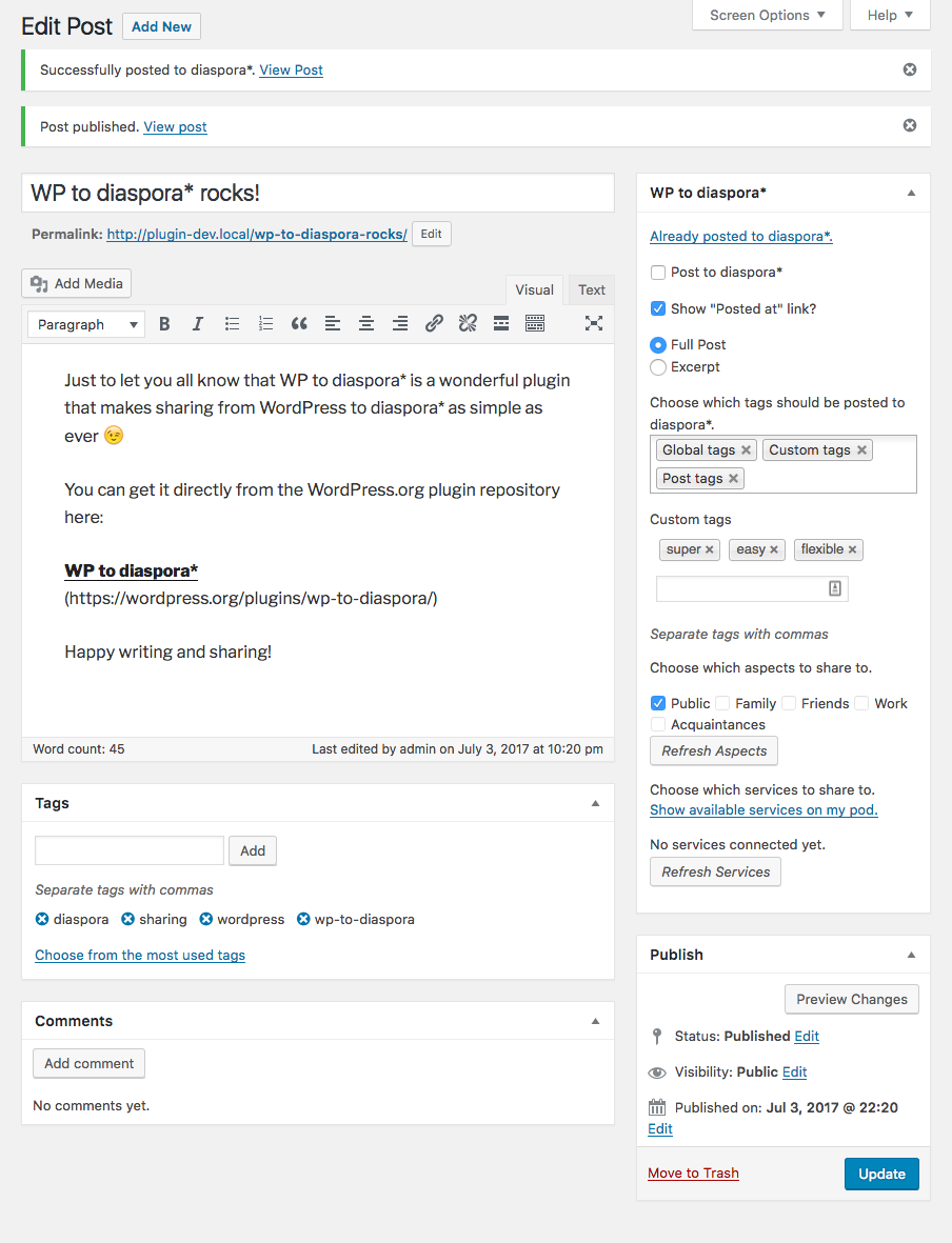 Creating an example post in WordPress