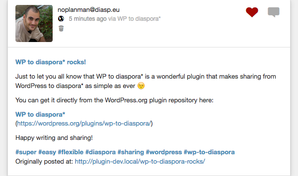 The example post created on diaspora*
