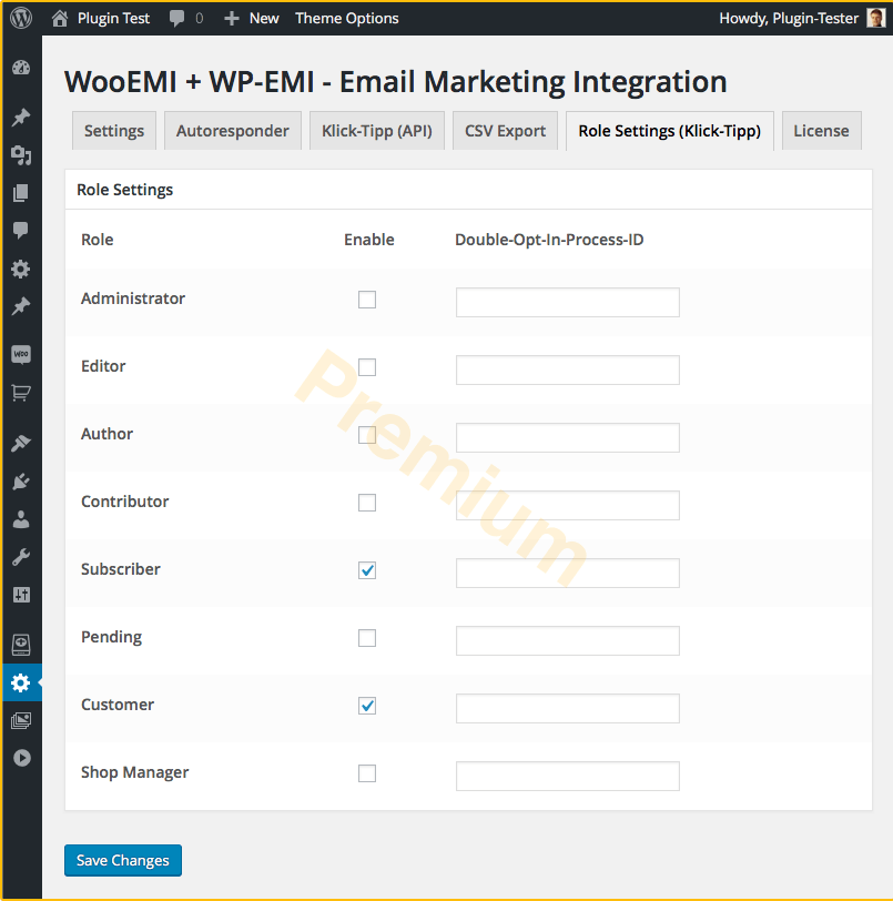 User Role tab: set the user roles you want to sent to Klick-Tipp, all user roles in Premium version