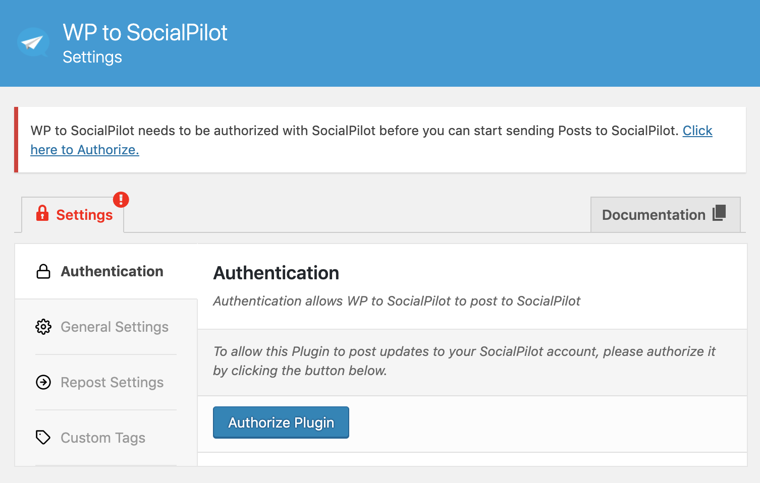 Settings Screen when Plugin is first installed.