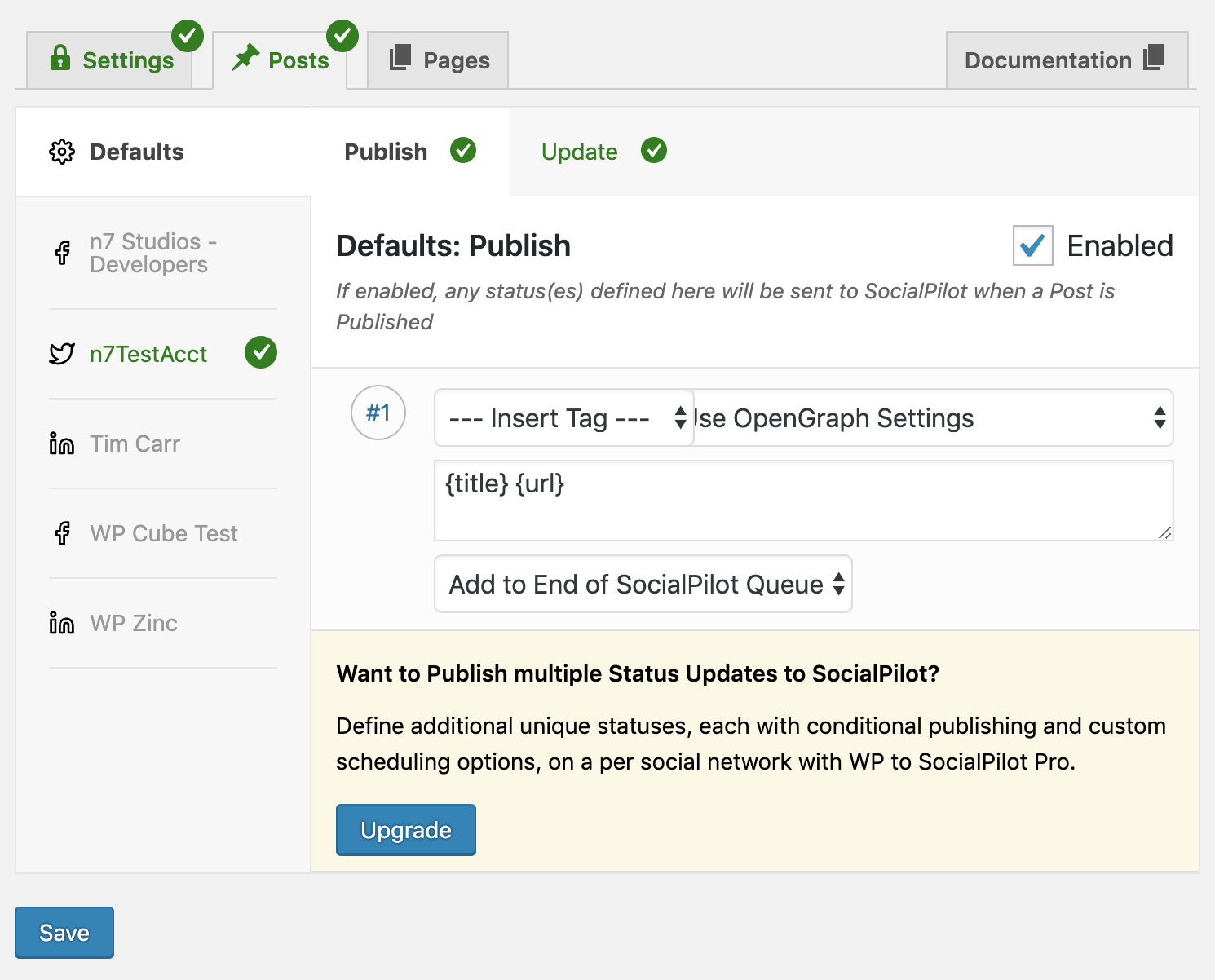 Settings Screen showing available options for Posts.