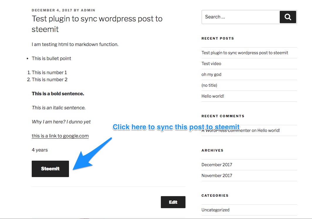 Go to any posts and pages in order to sync them to steemit by clicking "Steemit" button.