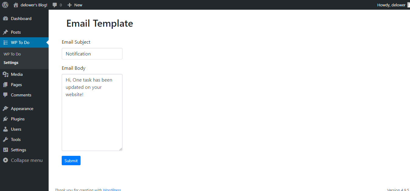 Settings Page With Customizable E-mail Form