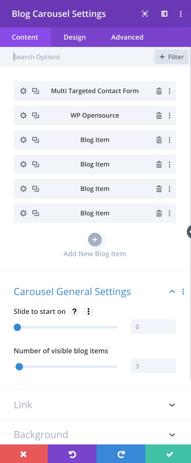 Divi module settings. Add multiple blogs. Reorder then with drag and drop. Setup the initial slide to start on and number of blogs per slide (only on desktop view.)