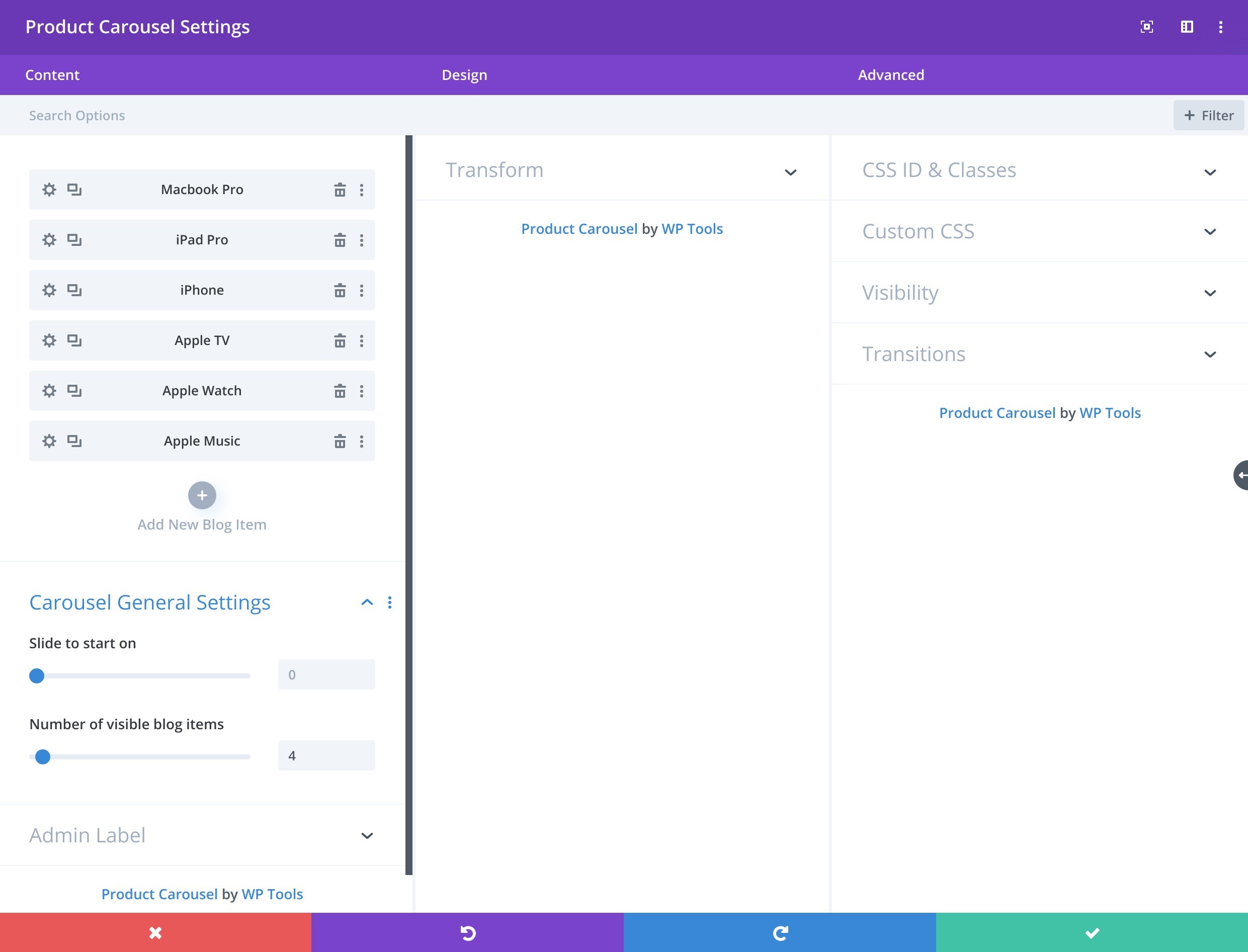 Divi module settings. Add multiple products. Reorder then with drag and drop. Setup the initial slide to start on and number of products per slide (only on desktop view.)