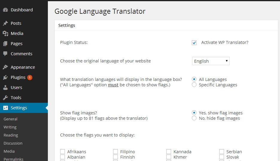 Settings include: display specific languages, show/hide flag images, change the flag size.