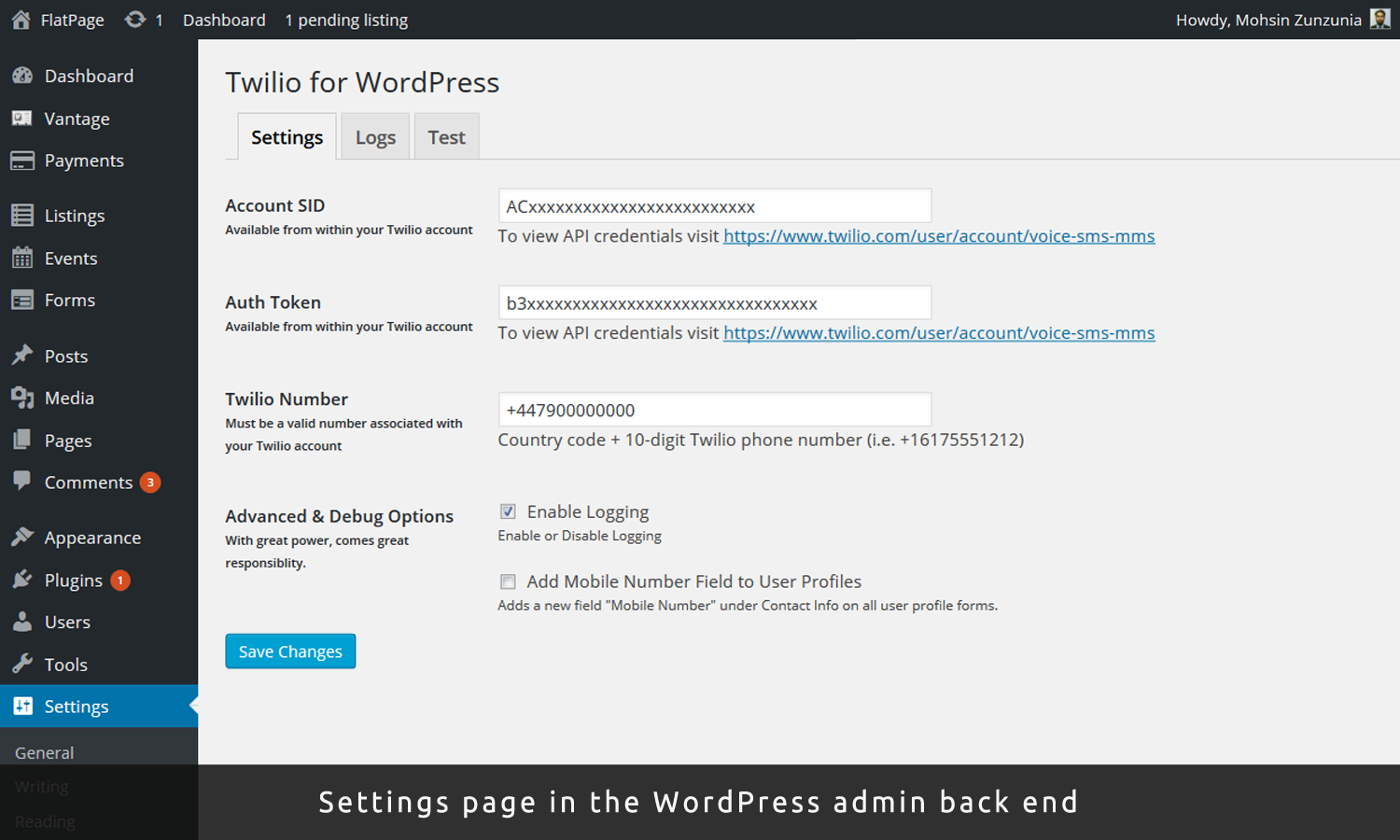 Settings page in the WordPress admin back end.