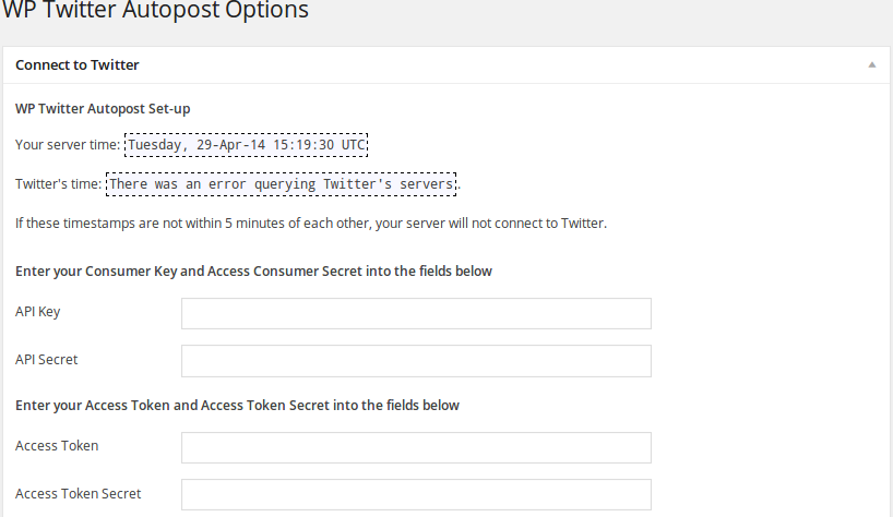 WP Twitter Autopost API keys settings page.