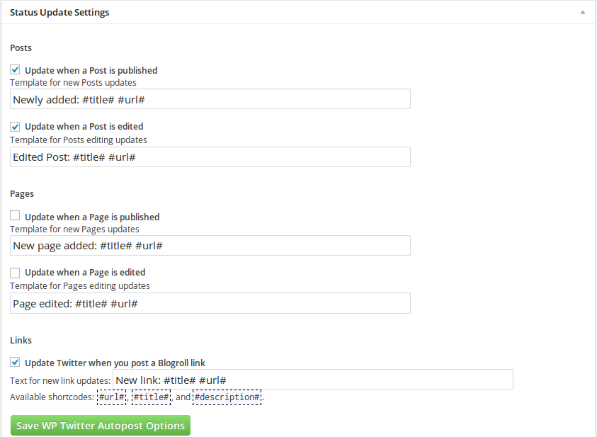 WP Twitter Autopost Tweet template settings page.