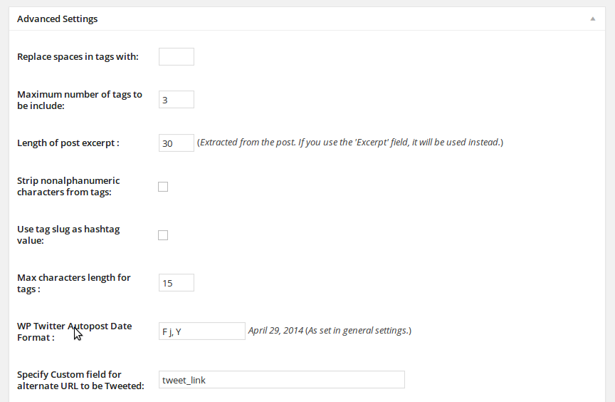 WP Twitter Autopost advanced settings page.
