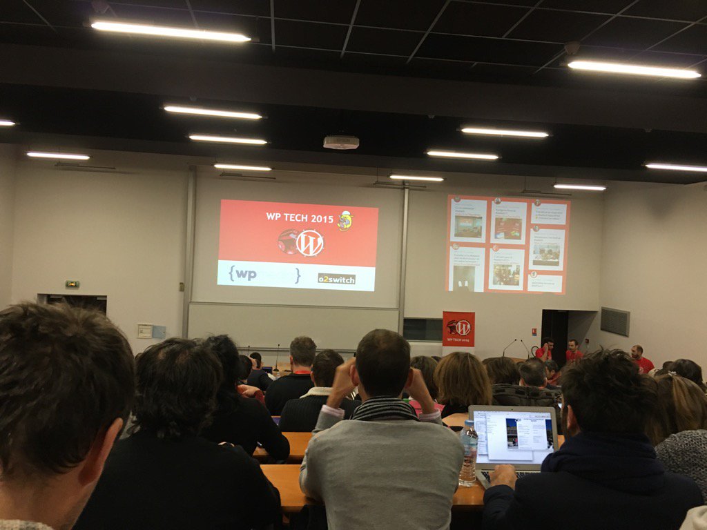 A twitter wall near the main screen, at WP Tech 2015 event.