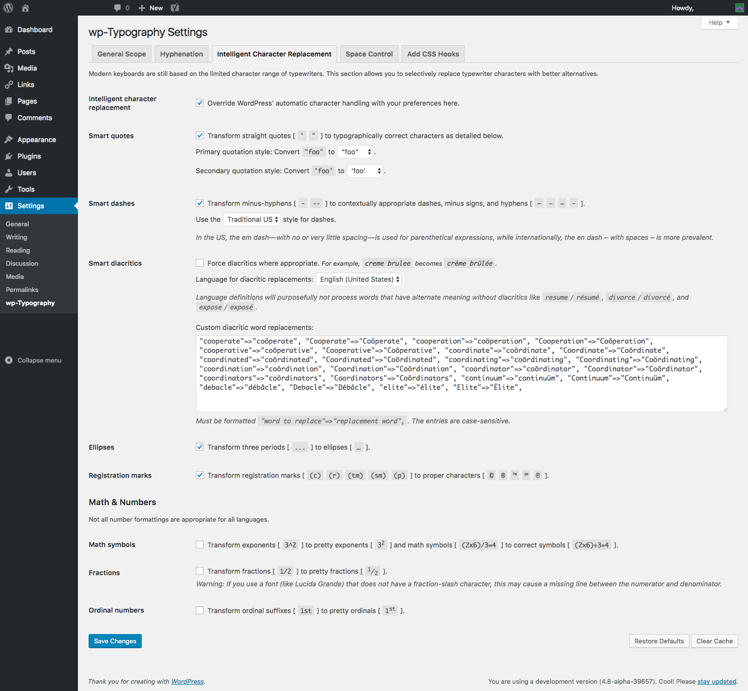 wp-Typography "Intelligent Character Replacement" settings page.