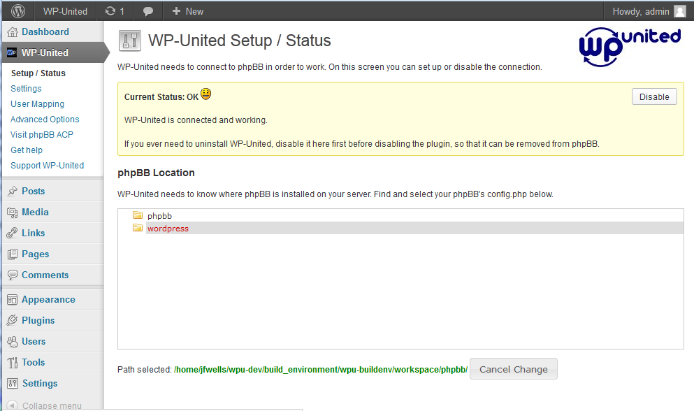 The WP-United connection screen