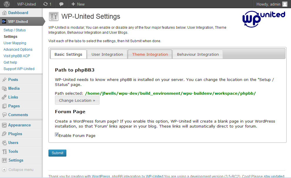 The WP-United settings panel