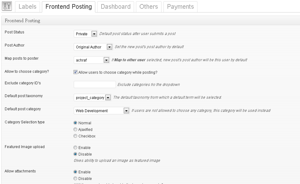 Screenshot showing ability to select private status and custom taxonomy