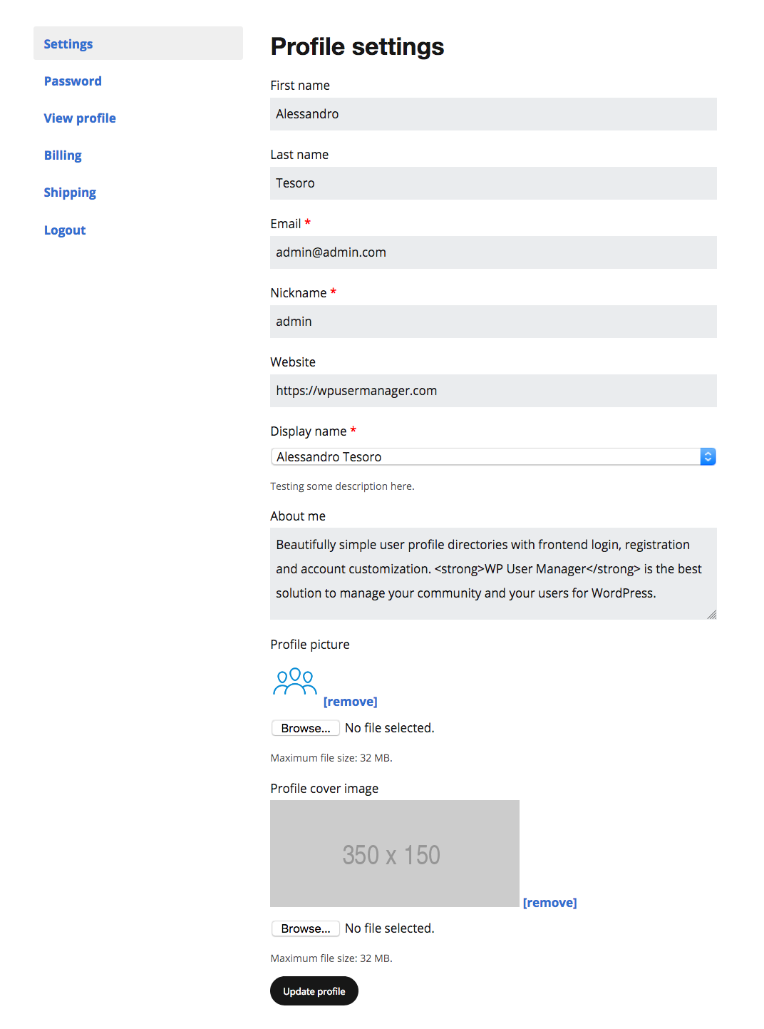 Individual fields settings editor.