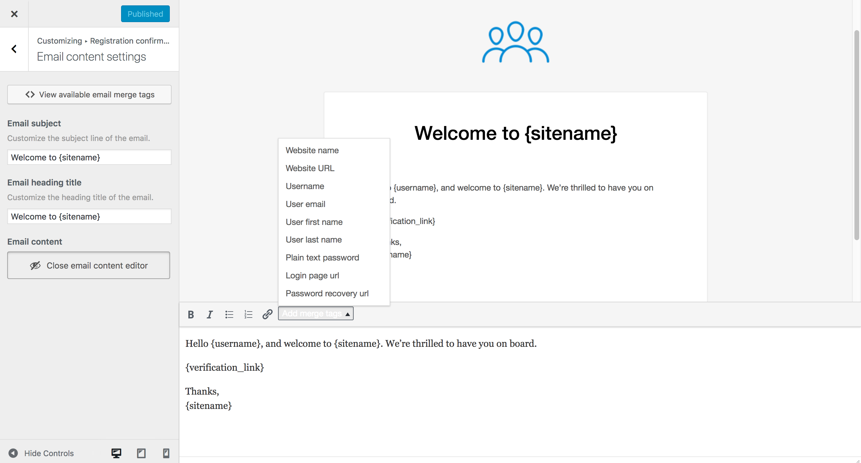 Account customization page.