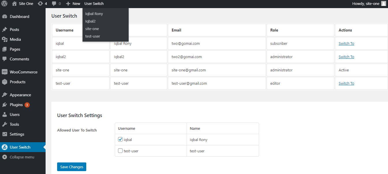 User Switch Admin Page.