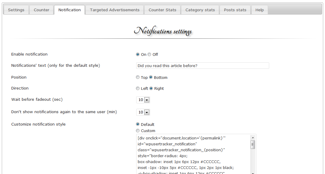 Notifications Settings on the Admin Panel