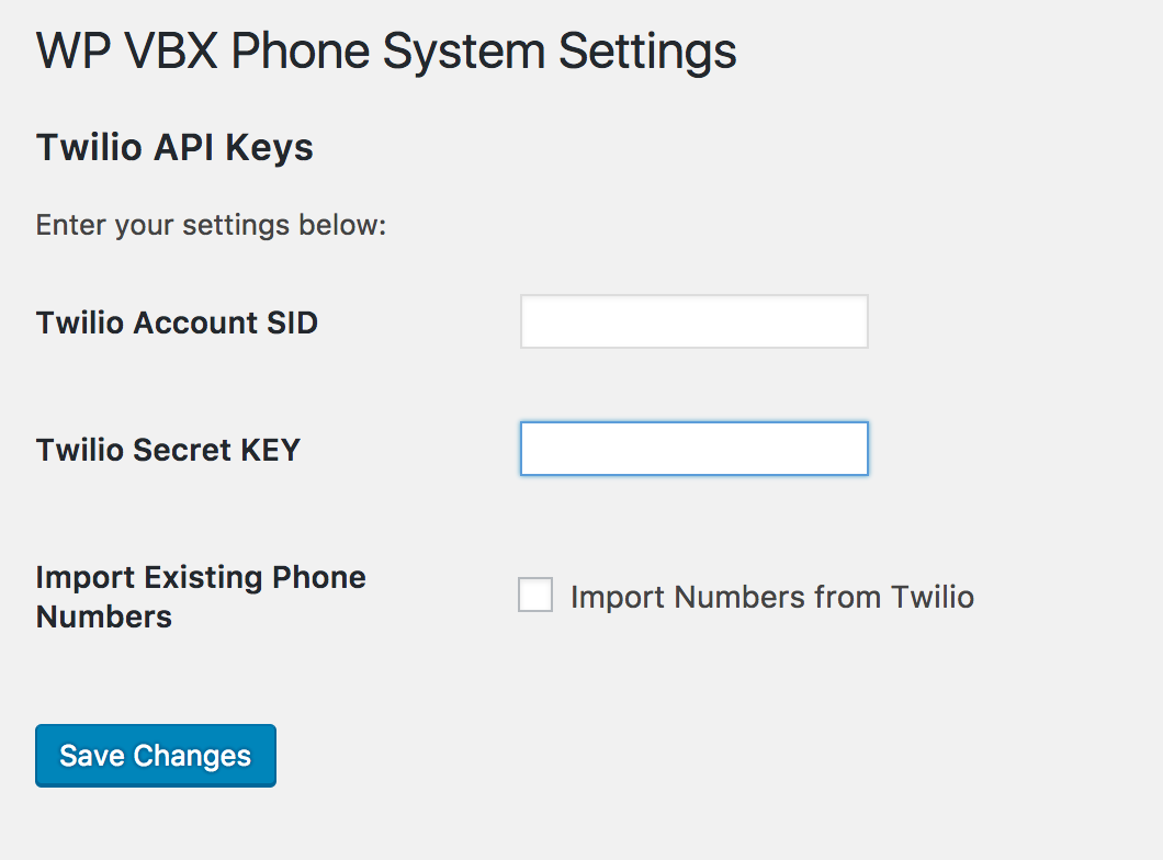 Enter your Twilio account SID and secret Key.