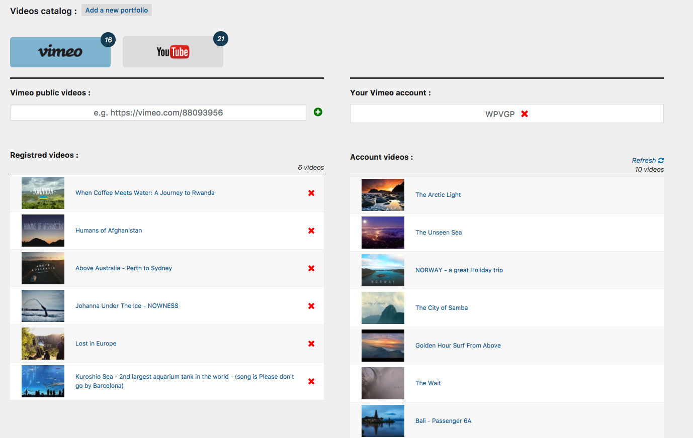 Vimeo's public and private videos catalog. Add single public video.