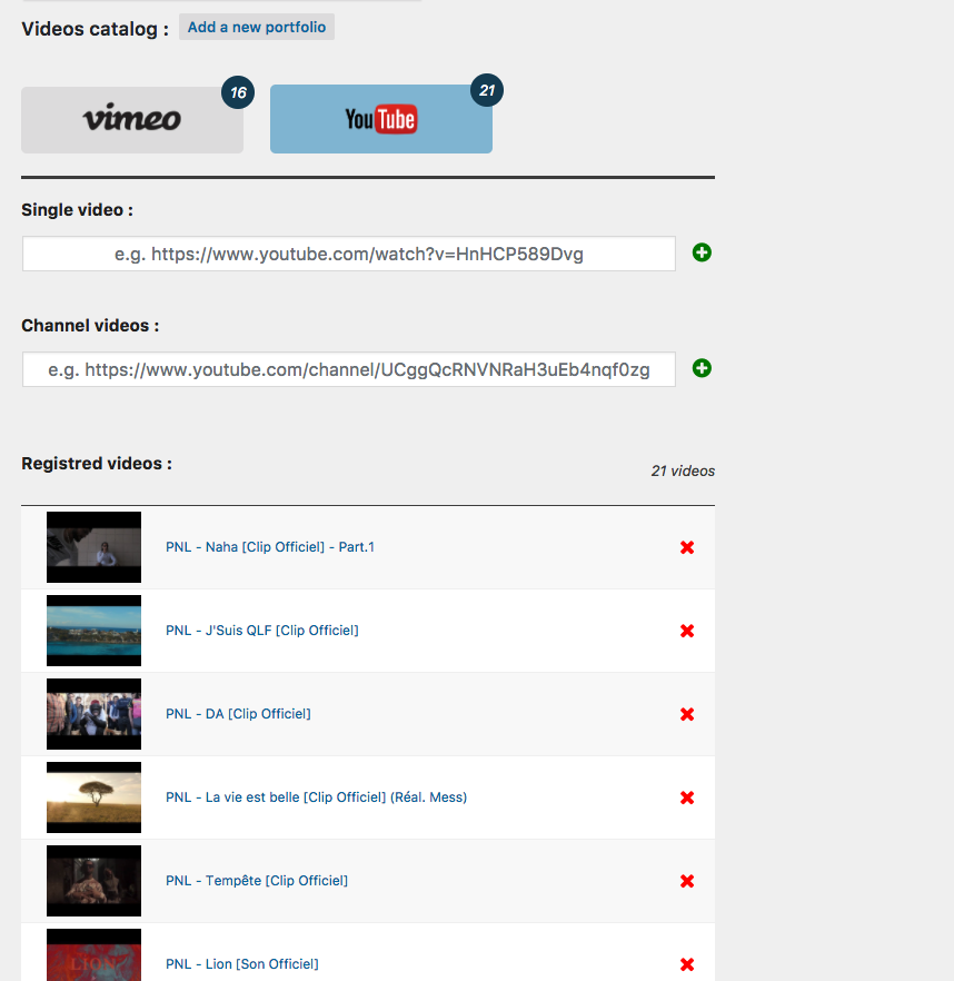 Select the videos that compose your gallery. You can use tags filters and date/title order.