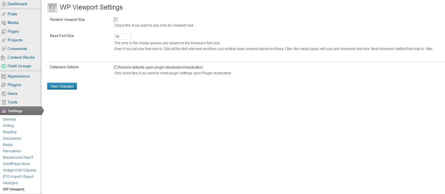 WP Viewport Settings page