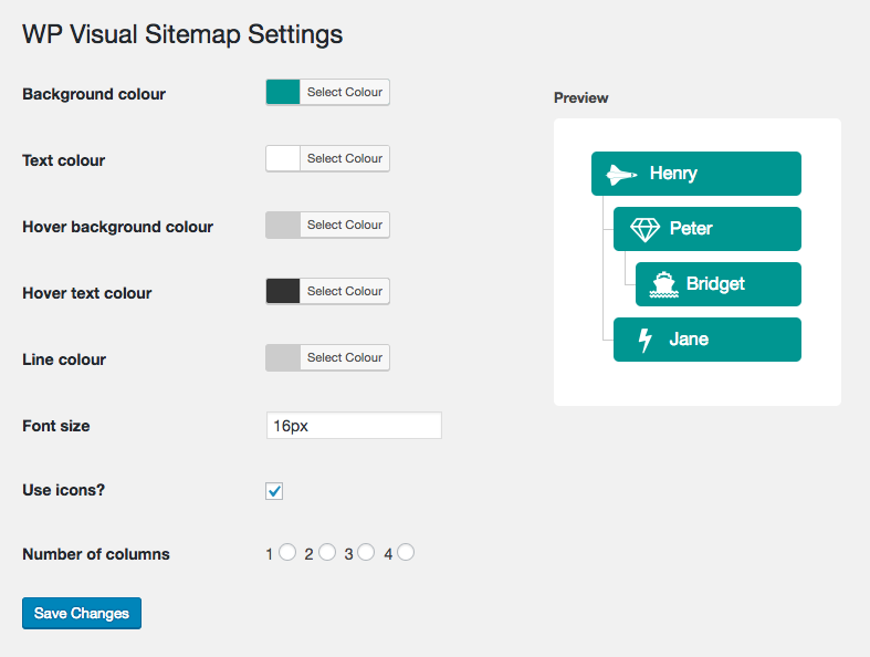 Main settings, with preview panel showing colour choices.