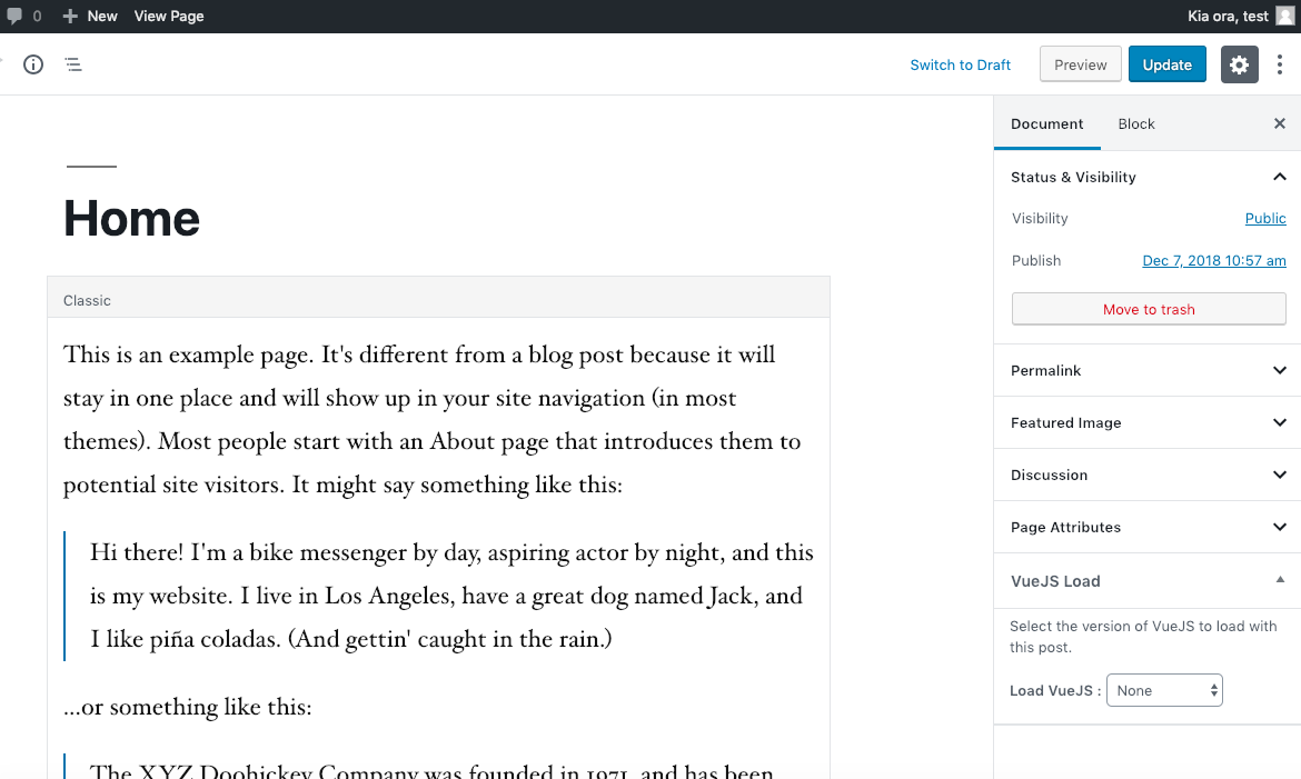 WP Vue settings in the bottom sidebar on an individual page