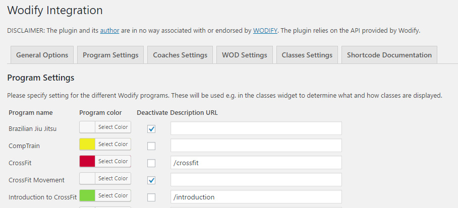 Plugin configuration screen with definition of class colors for widget