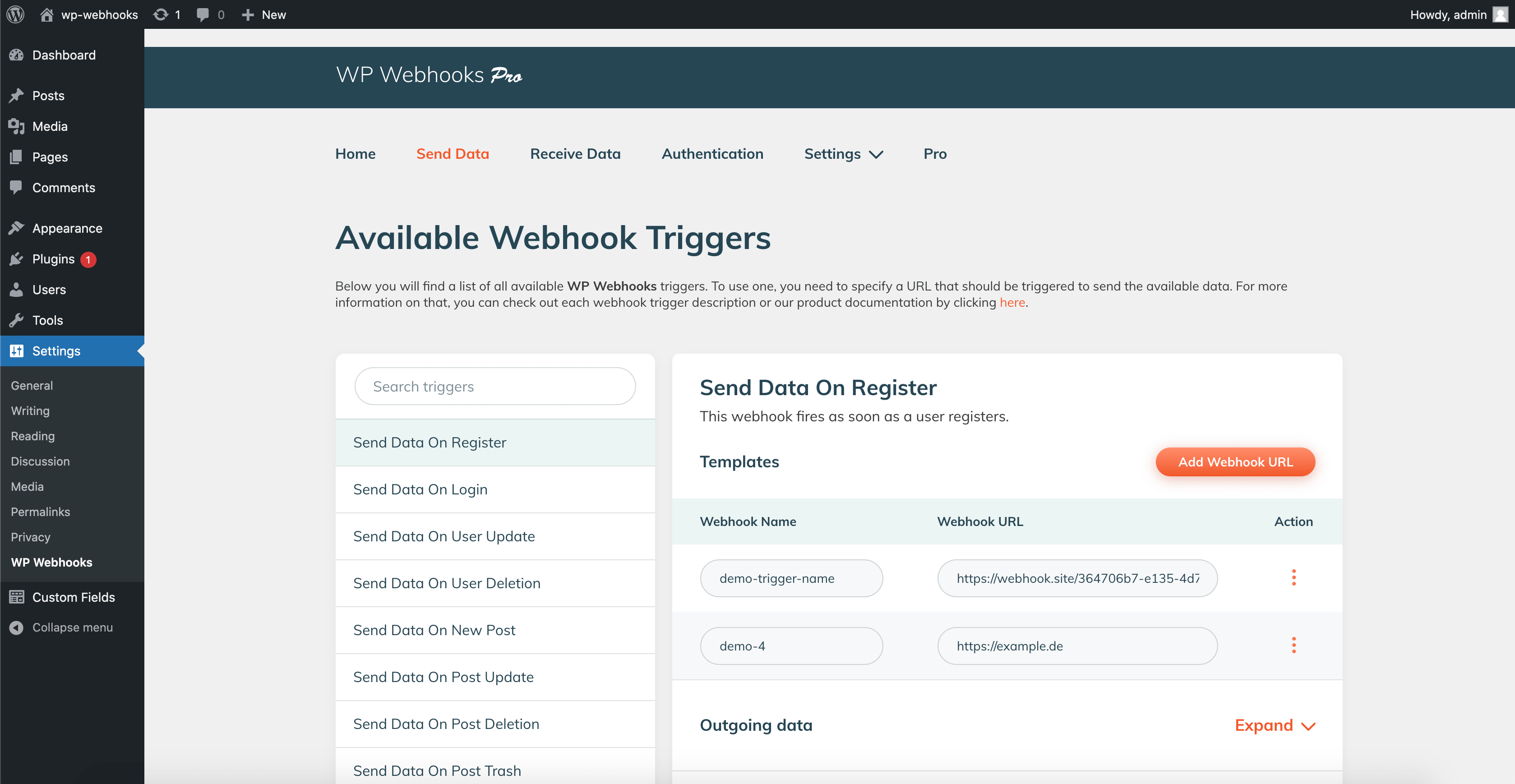 List of available webhook actions that you can use to send data from an external service to your WordPress site