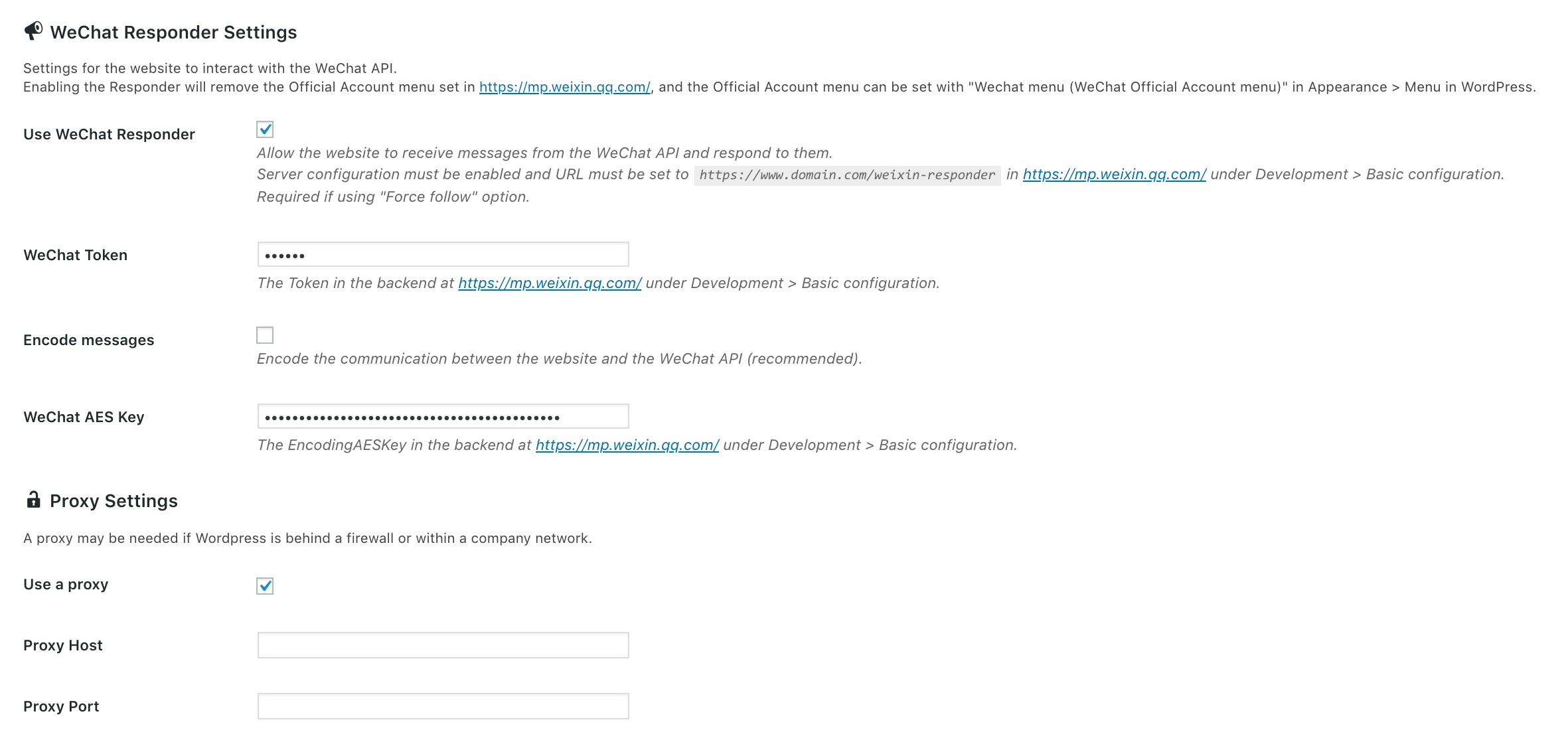 公共微信帐号信息显示在默认的 WordPress 帐户页面上。