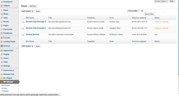 Whoosh Sites page