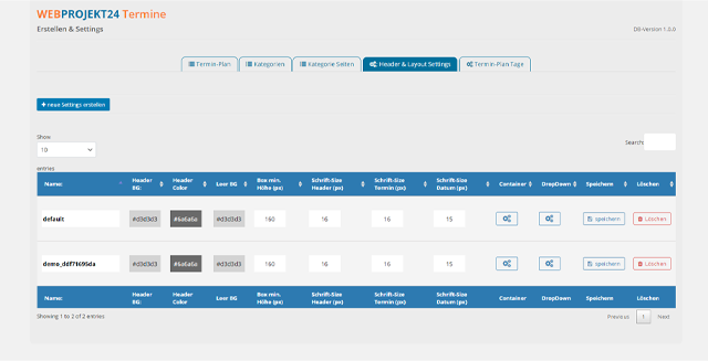 created settings overview