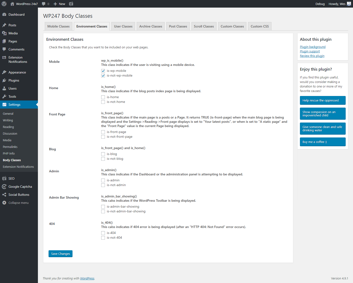 Mobile Classes setting selection