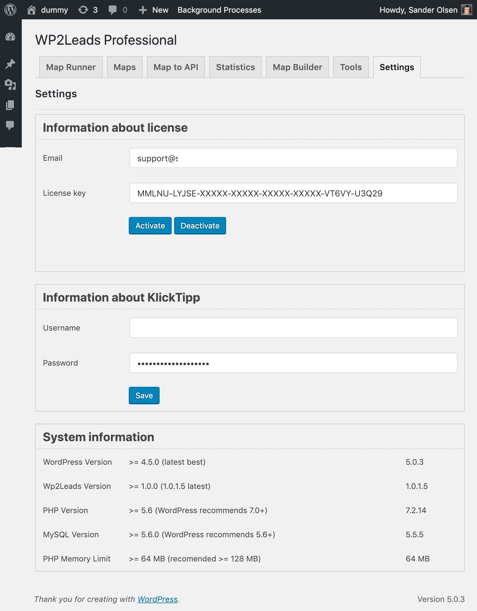 Einstellungen: Füge Klick-Tipp-Anmeldeinformationen hinzu, verwalte Lizenzdetails, bewege Lizenzen und überprüfe die Plugin-Umgebung.