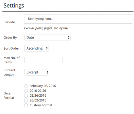 This is also part of Add New Data Source-> Admin Panel. Here you can alter various data source display settings such as Exclude posts, pages, Order By,  Sort order, Max no of items, Content Length and Date Format.