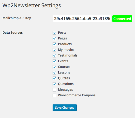 This is settings panel for Wp2Newsletter. You need to add MailChimp API key in order to generate Newsletter Campaign for Mailchimp. Also you can choose which data sources to be listed while adding data source.