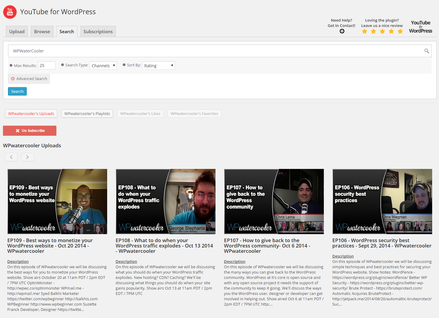 YouTube for WordPress Browse Subscriptions